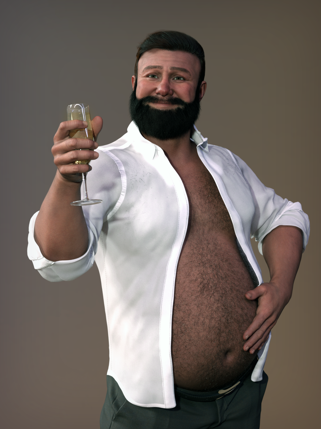 Nikolai in an open white shirt, posing with a glass of champagne.