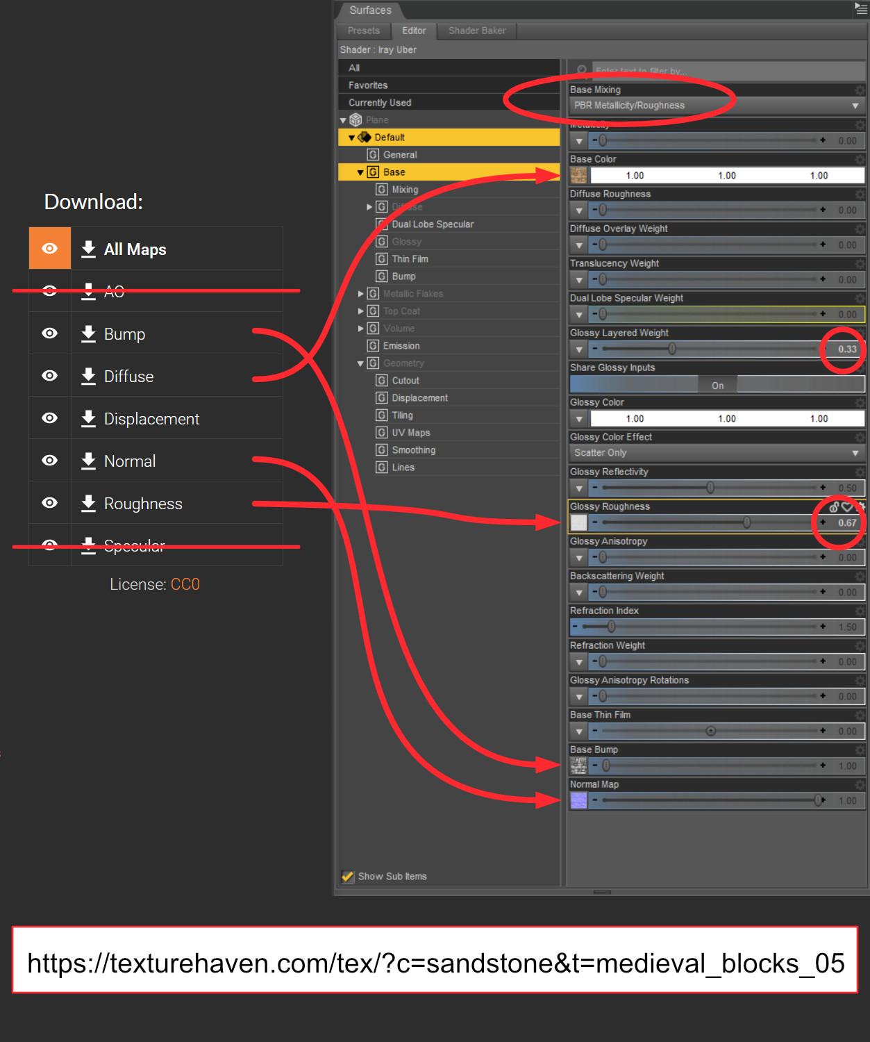 Setup for Texture Haven stone textures for Iray Uber shader part 1