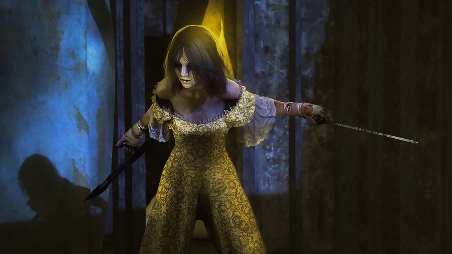 Render of a creepy woman in yellow.