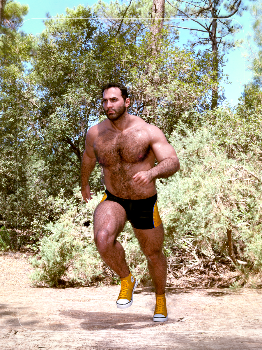 shirtless man in shorts jogging in the forest